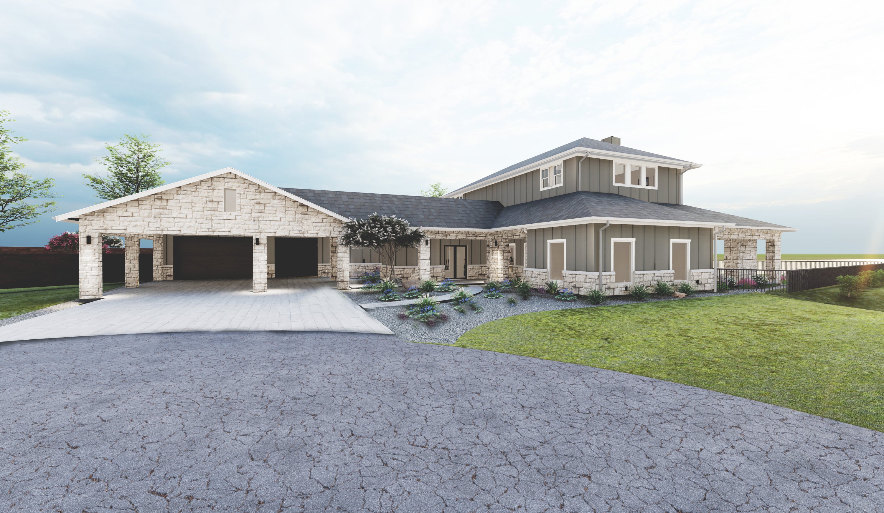 rendering of large transitional home, white limestone and vertical siding.