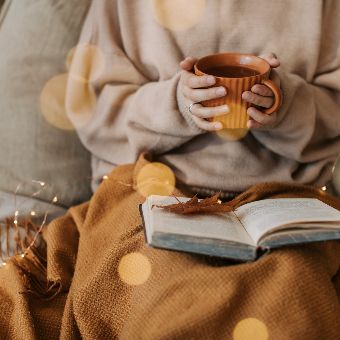 cozy scene of woman holding coffee reading a book wrapped in a blanket.
