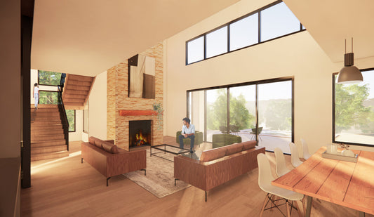 Rendering of a cozy living room with natural light  and a man sitting by a stone fireplace.