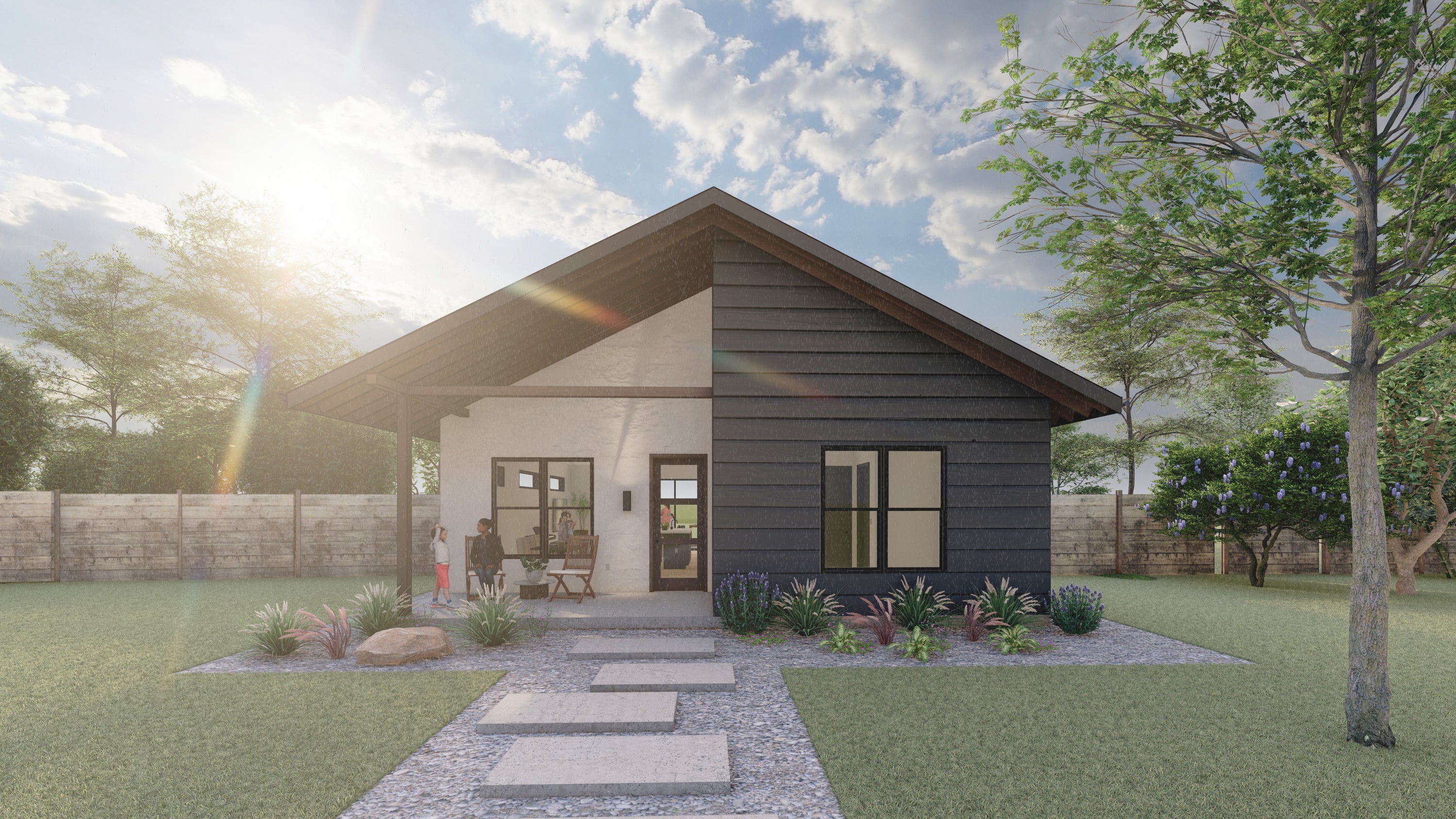 rendering of contemporary house with gray siding, white stucco and gable roof line.