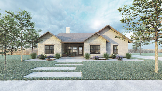 Rendering of contemporary home exterior, white limestone and brick