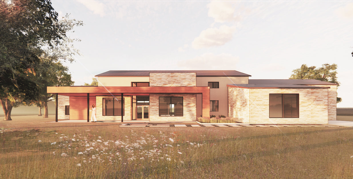 Rendering of a modern home design exterior, limestone, wood, and brick